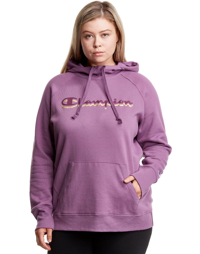 Hanorac Cu Gluga Champion Plus Powerblend Fleece Drop Shadow Foil Script Logo Dama Roz - Romania OZI